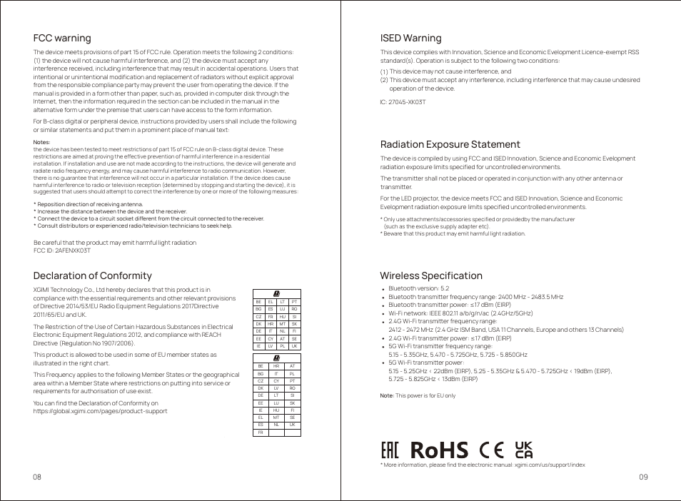 Fcc warning, Declaration of conformity, Ised warning | Xgimi MoGo 2 Pro 400-Lumen Full HD Portable DLP Wireless Projector User Manual | Page 9 / 54
