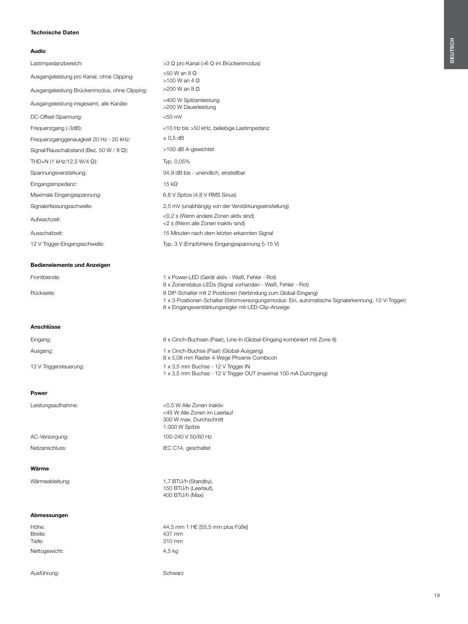 Technische daten, Technische daten 6 | Bowers & Wilkins CDA-16 16-Channel 8 Zone Distribution Amplifier User Manual | Page 19 / 73