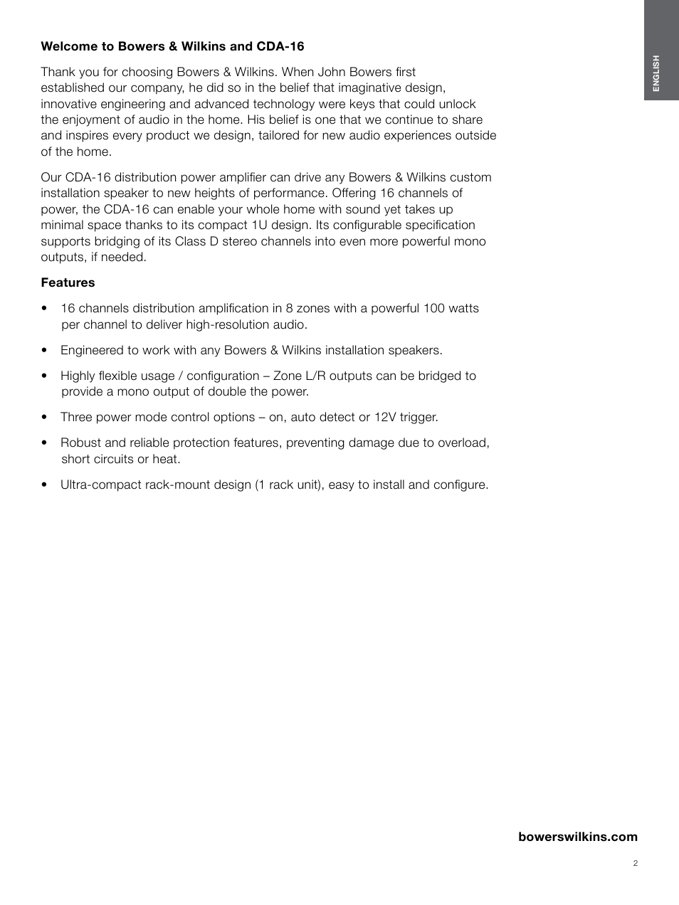 English | Bowers & Wilkins CDA-16 16-Channel 8 Zone Distribution Amplifier User Manual | Page 2 / 73