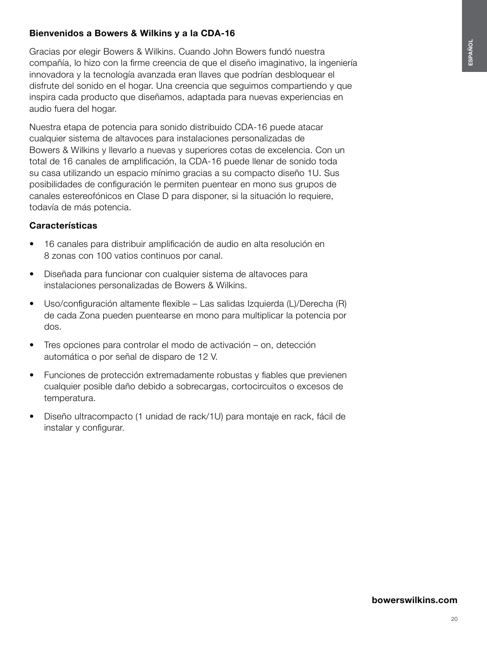 Español | Bowers & Wilkins CDA-16 16-Channel 8 Zone Distribution Amplifier User Manual | Page 20 / 73