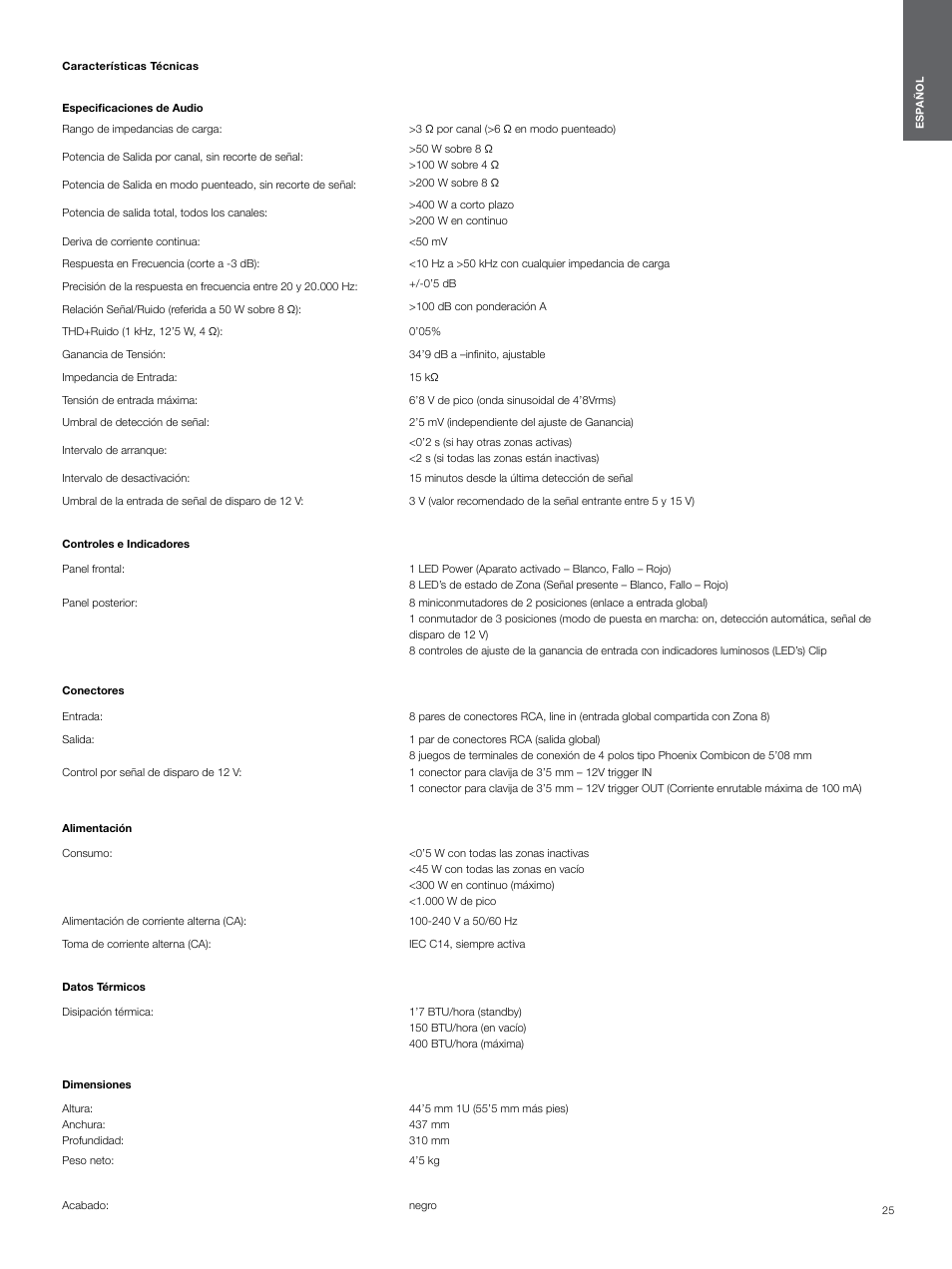 Características técnicas, Características técnicas 6 | Bowers & Wilkins CDA-16 16-Channel 8 Zone Distribution Amplifier User Manual | Page 25 / 73