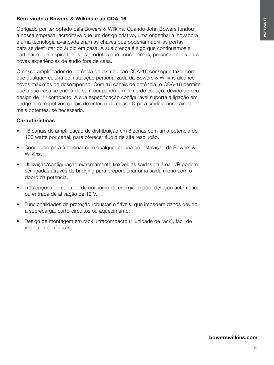 Português | Bowers & Wilkins CDA-16 16-Channel 8 Zone Distribution Amplifier User Manual | Page 26 / 73