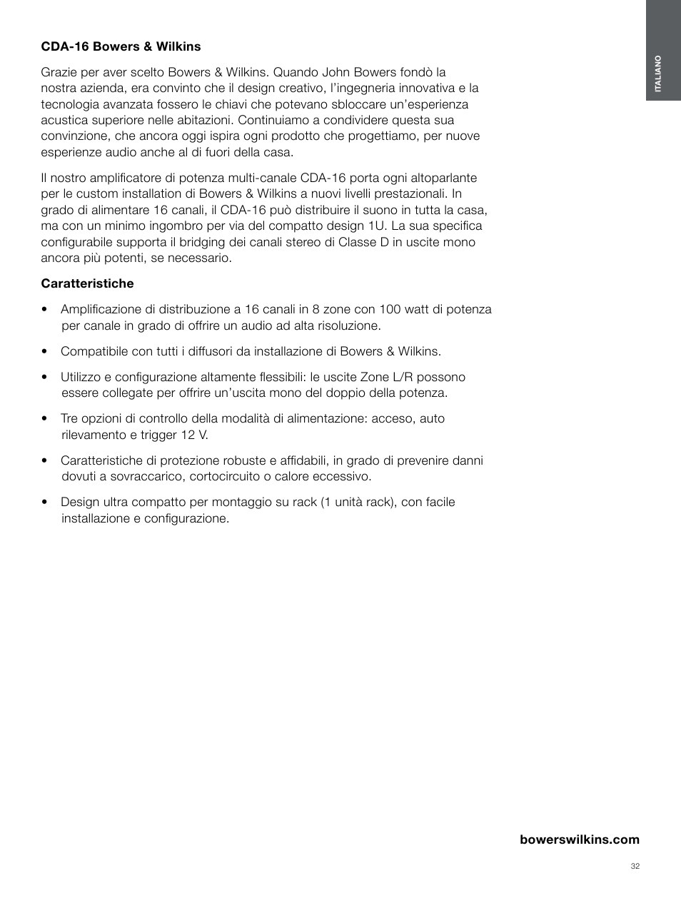 Italiano | Bowers & Wilkins CDA-16 16-Channel 8 Zone Distribution Amplifier User Manual | Page 32 / 73