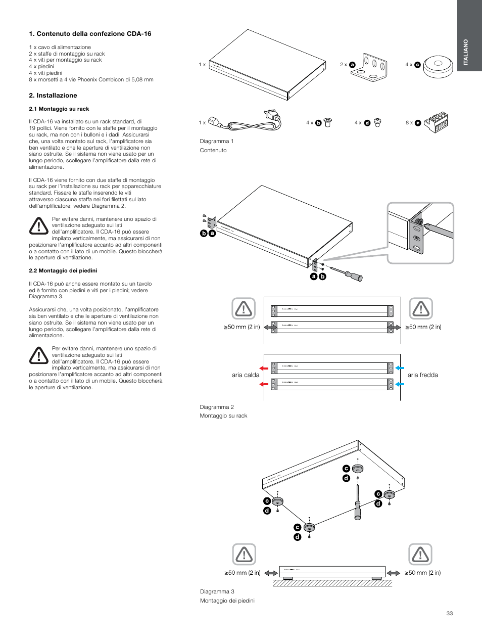 Contenuto della confezione cda-16, Installazione, 1 montaggio su rack | 2 montaggio dei piedini, 2 montaggio dei piedini 2 | Bowers & Wilkins CDA-16 16-Channel 8 Zone Distribution Amplifier User Manual | Page 33 / 73