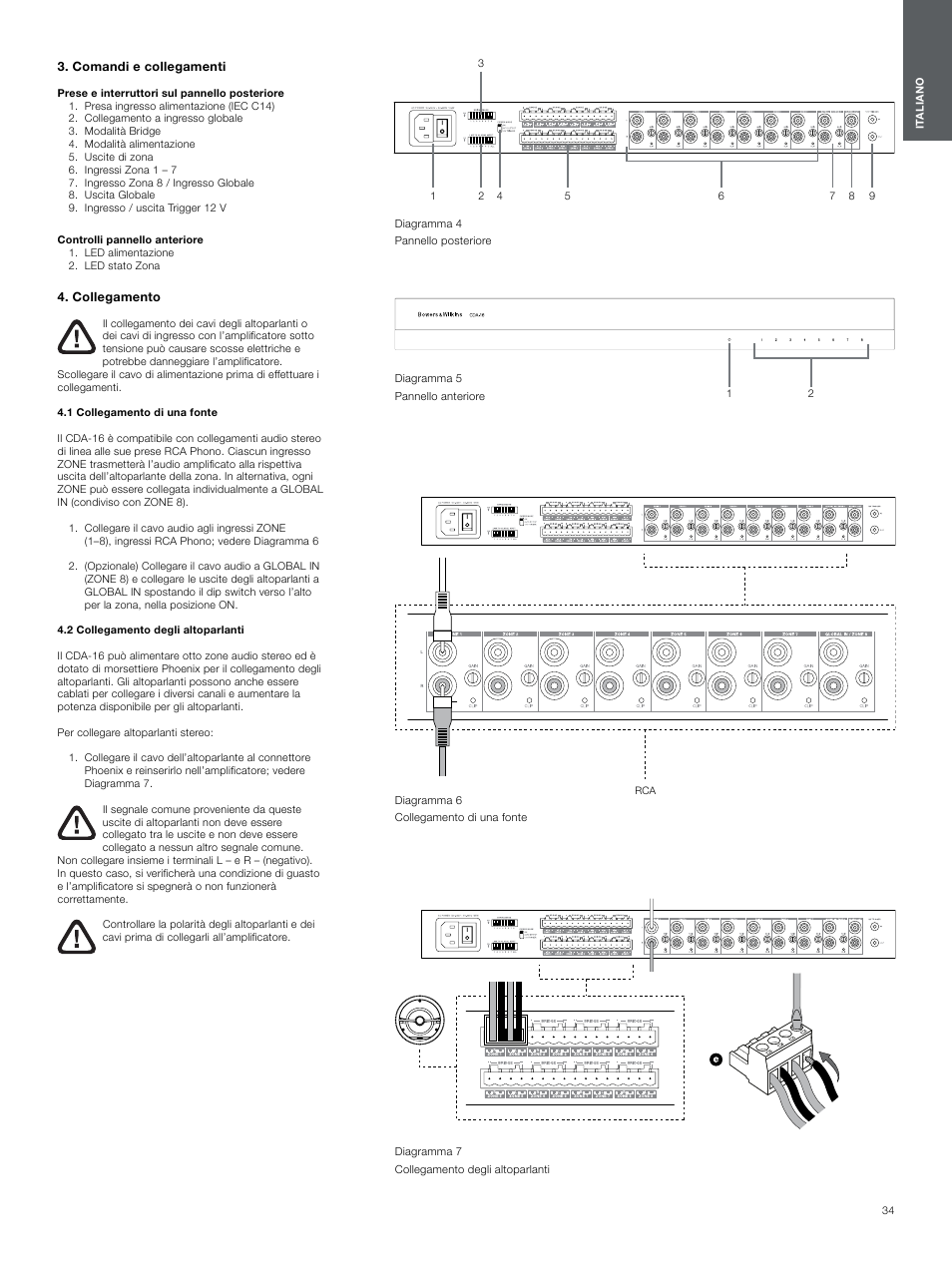 Comandi e collegamenti, Collegamento, 1 collegamento di una fonte | 2 collegamento degli altoparlanti, Comandi e collegamenti 3, Collegamento 3, 1 collegamento di una fonte 3 | Bowers & Wilkins CDA-16 16-Channel 8 Zone Distribution Amplifier User Manual | Page 34 / 73