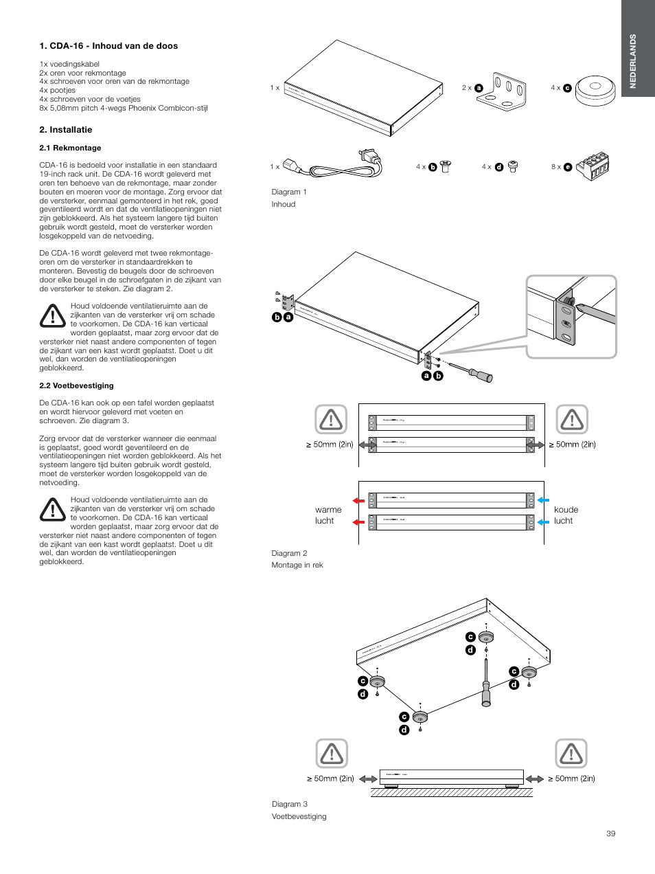 Cda-16 - inhoud van de doos, Installatie, 1 rekmontage | 2 voetbevestiging | Bowers & Wilkins CDA-16 16-Channel 8 Zone Distribution Amplifier User Manual | Page 39 / 73