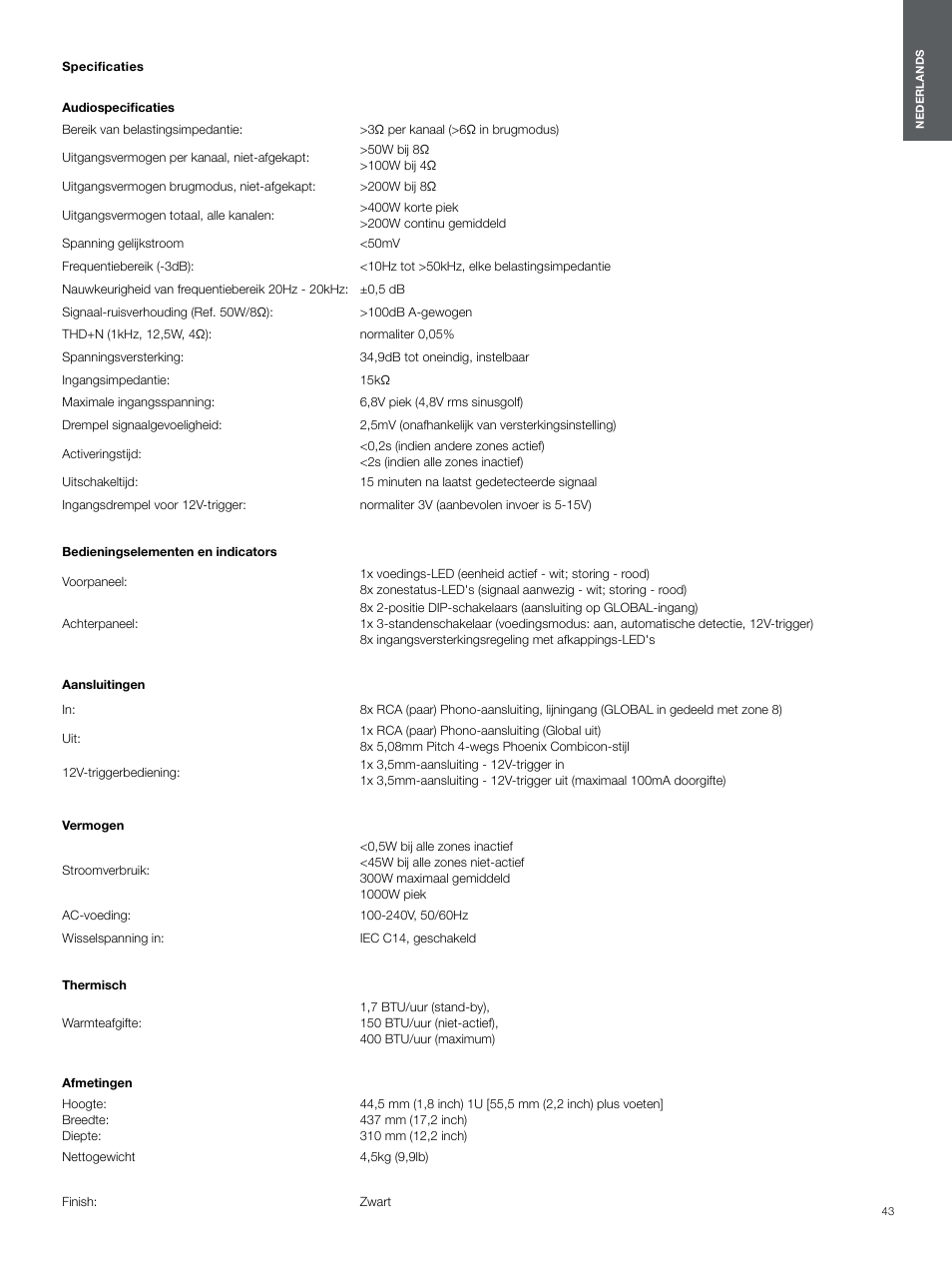 Specificaties | Bowers & Wilkins CDA-16 16-Channel 8 Zone Distribution Amplifier User Manual | Page 43 / 73