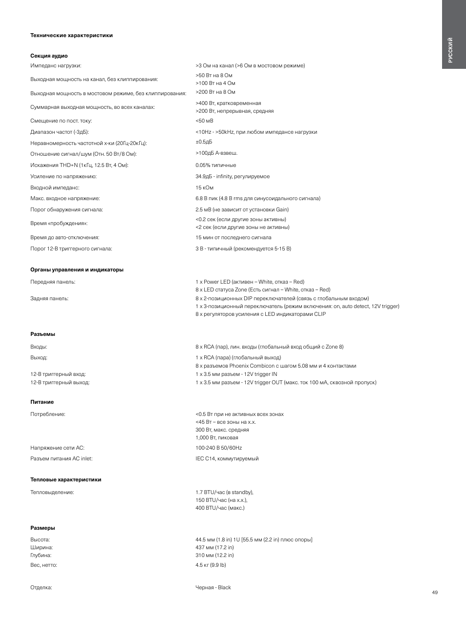 Технические характеристики | Bowers & Wilkins CDA-16 16-Channel 8 Zone Distribution Amplifier User Manual | Page 49 / 73