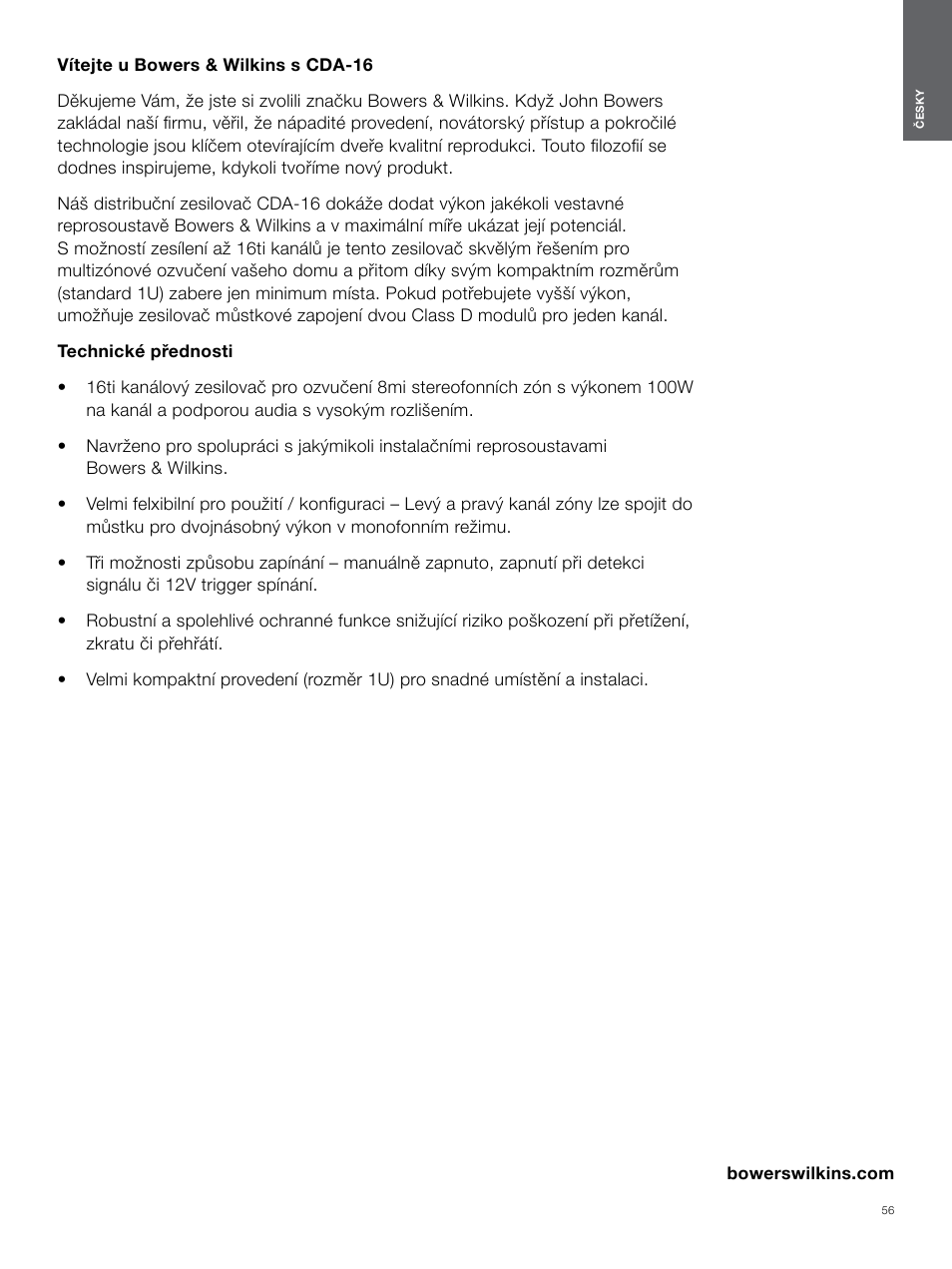 Česky | Bowers & Wilkins CDA-16 16-Channel 8 Zone Distribution Amplifier User Manual | Page 56 / 73