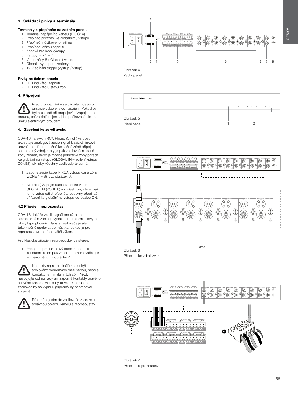 Ovládací prvky a terminály, Připojení, 1 zapojení ke zdroji zvuku | 2 připojení reprosoustav, 2 připojení reprosoustav 3 | Bowers & Wilkins CDA-16 16-Channel 8 Zone Distribution Amplifier User Manual | Page 58 / 73