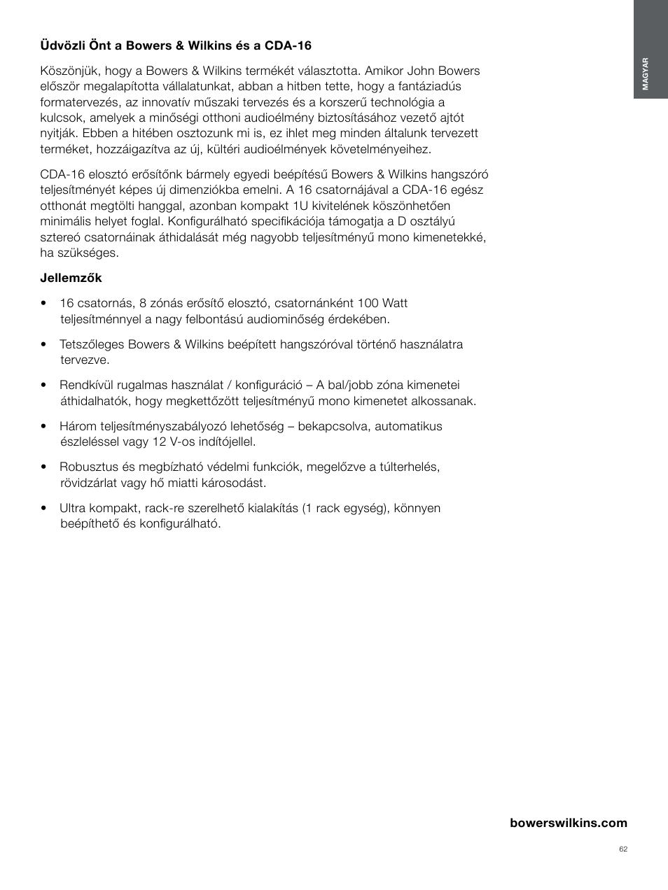 Magyar | Bowers & Wilkins CDA-16 16-Channel 8 Zone Distribution Amplifier User Manual | Page 62 / 73