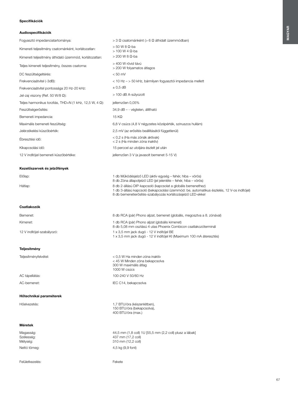 Specifikációk | Bowers & Wilkins CDA-16 16-Channel 8 Zone Distribution Amplifier User Manual | Page 67 / 73