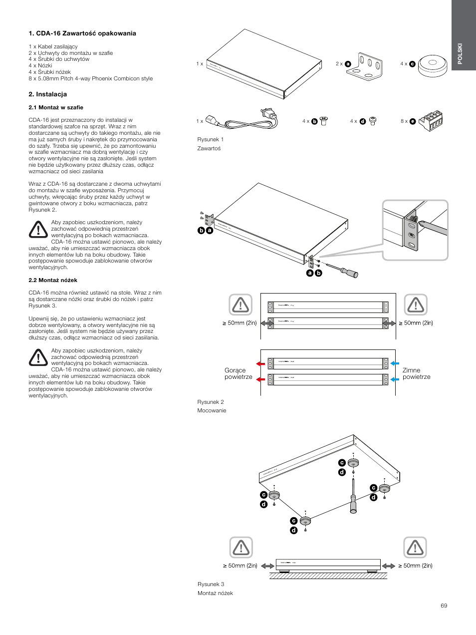 Cda-16 zawartość opakowania, Instalacja, 1 montaż w szafie | 2 montaż nóżek, Cda-16 zawartość opakowania 2 | Bowers & Wilkins CDA-16 16-Channel 8 Zone Distribution Amplifier User Manual | Page 69 / 73