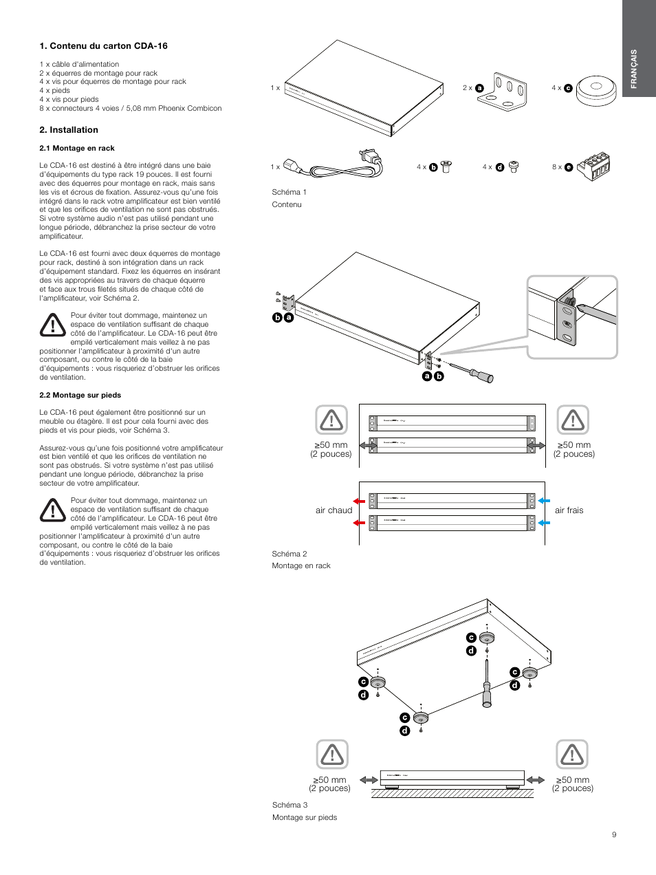 Contenu du carton cda-16, Installation, 1 montage en rack | 2 montage sur pieds | Bowers & Wilkins CDA-16 16-Channel 8 Zone Distribution Amplifier User Manual | Page 9 / 73