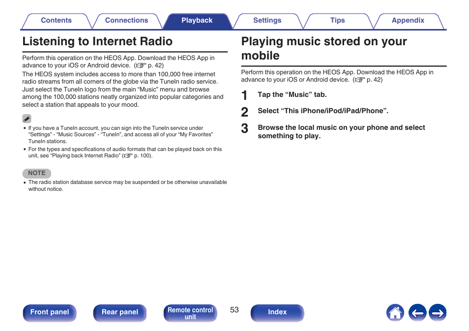Listening to internet radio, Playing music stored on your mobile | Marantz MODEL 40n Stereo 140W Integrated Amplifier (Black) User Manual | Page 53 / 114