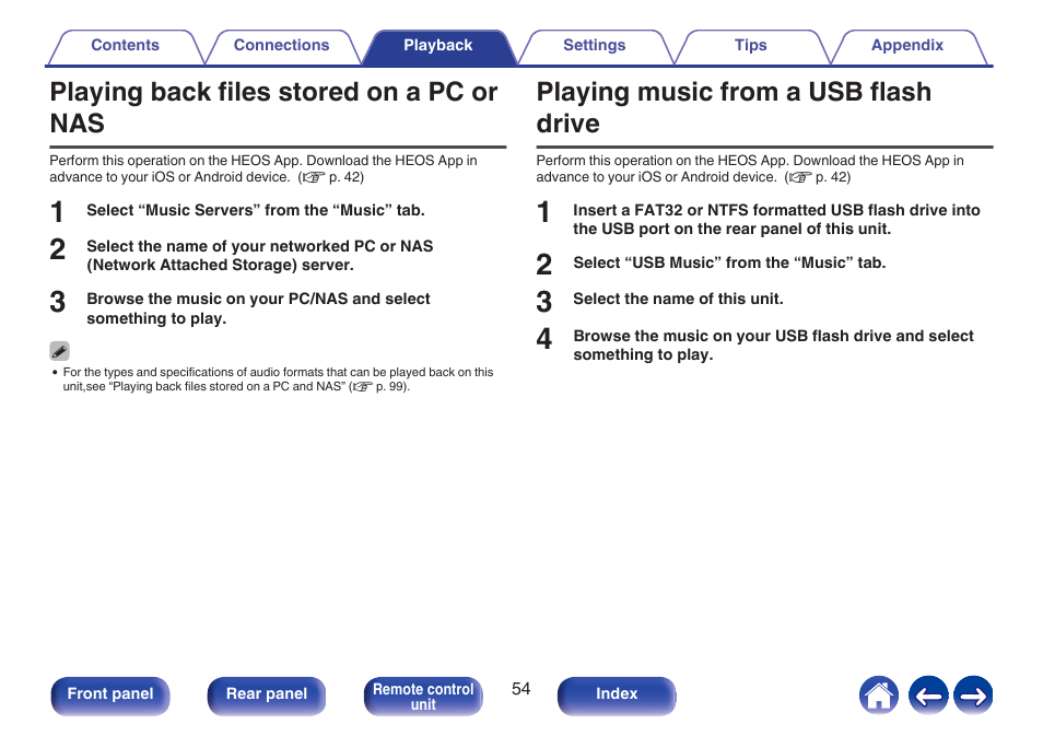 Playing back files stored on a pc or nas, Playing music from a usb flash drive, P. 54) | Marantz MODEL 40n Stereo 140W Integrated Amplifier (Black) User Manual | Page 54 / 114
