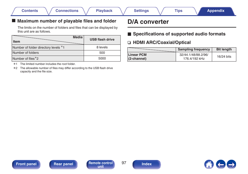 D/a converter, See “d/a converter, P. 97) | Omaximum number of playable files and folder, Ospecifications of supported audio formats, Hdmi arc/coaxial/optical | Marantz MODEL 40n Stereo 140W Integrated Amplifier (Black) User Manual | Page 97 / 114