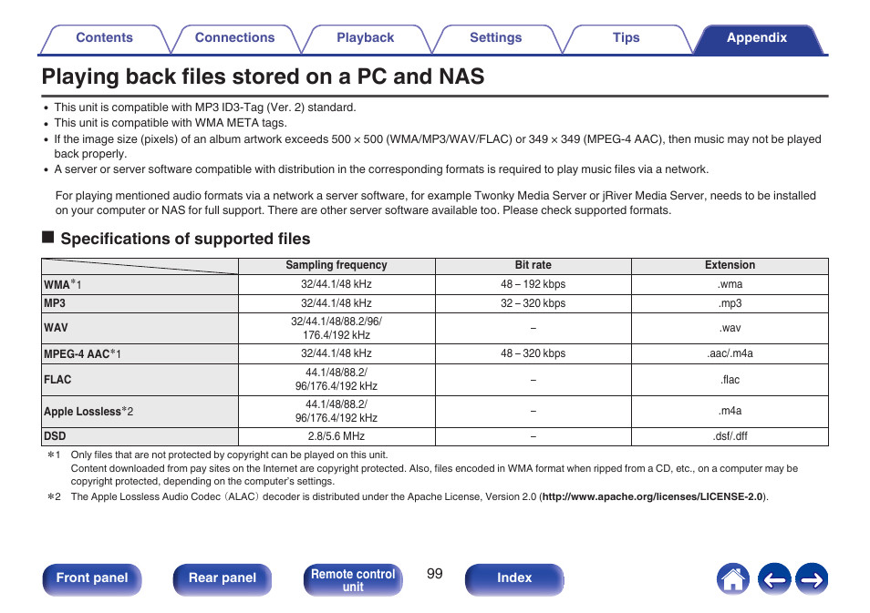 Playing back files stored on a pc and nas, P. 99), Ospecifications of supported files | Marantz MODEL 40n Stereo 140W Integrated Amplifier (Black) User Manual | Page 99 / 114