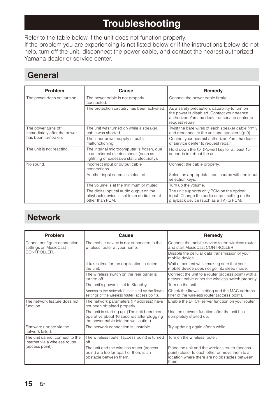 Troubleshooting, General, Network | Yamaha WXA-50 MusicCast Wireless Streaming Amplifier (Dark Silver) User Manual | Page 16 / 52