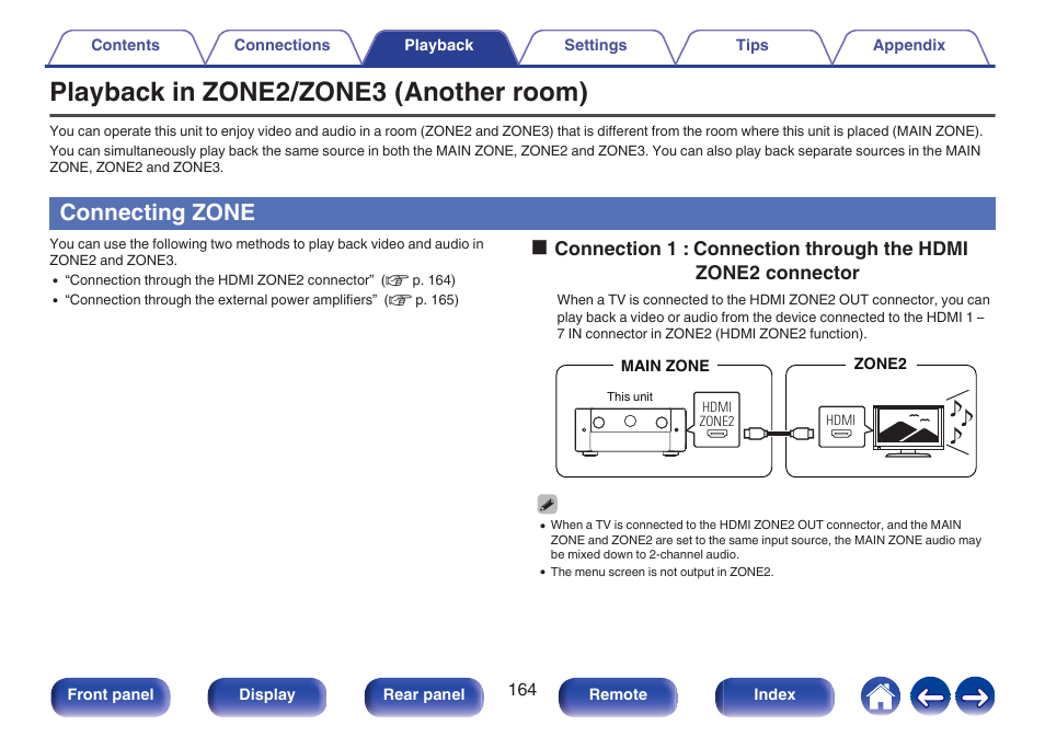 Playback in zone2/zone3 (another room), Connecting zone, P. 164) | Marantz AV 10 Reference 15.4-Channel Home Theater Preamplifier/Processor User Manual | Page 164 / 336