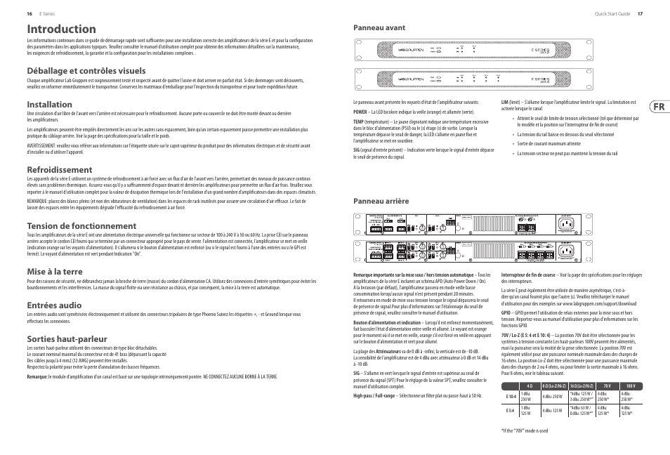 Introduction, Déballage et contrôles visuels, Installation | Refroidissement, Tension de fonctionnement, Mise à la terre, Entrées audio, Sorties haut-parleur, Panneau avant panneau arrière | Lab.gruppen E2:2 200W E-Series Installation Amplifier with 2 Flexible Output Channels User Manual | Page 9 / 19