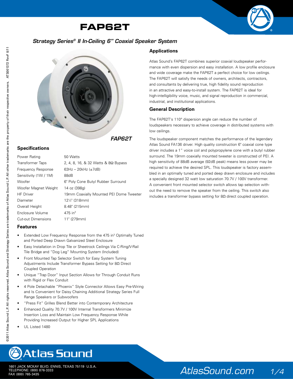 Atlas Sound FAP62T Strategy II Series 6" 32W Coaxial Ceiling Speakers (Pair, White) User Manual | 4 pages