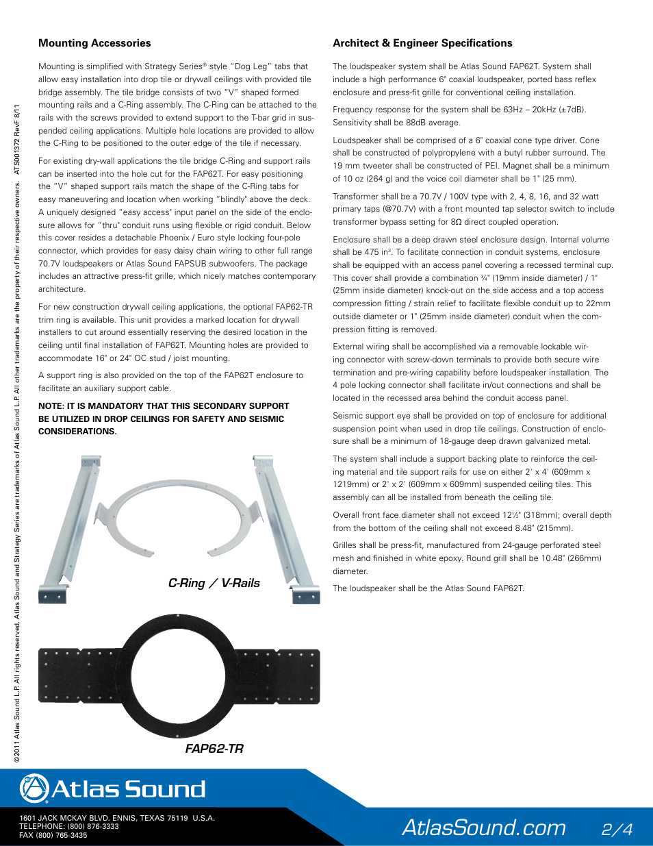 C-ring / v-rails fap62-tr, Mounting accessories, Architect & engineer specifications | Atlas Sound FAP62T Strategy II Series 6" 32W Coaxial Ceiling Speakers (Pair, White) User Manual | Page 2 / 4