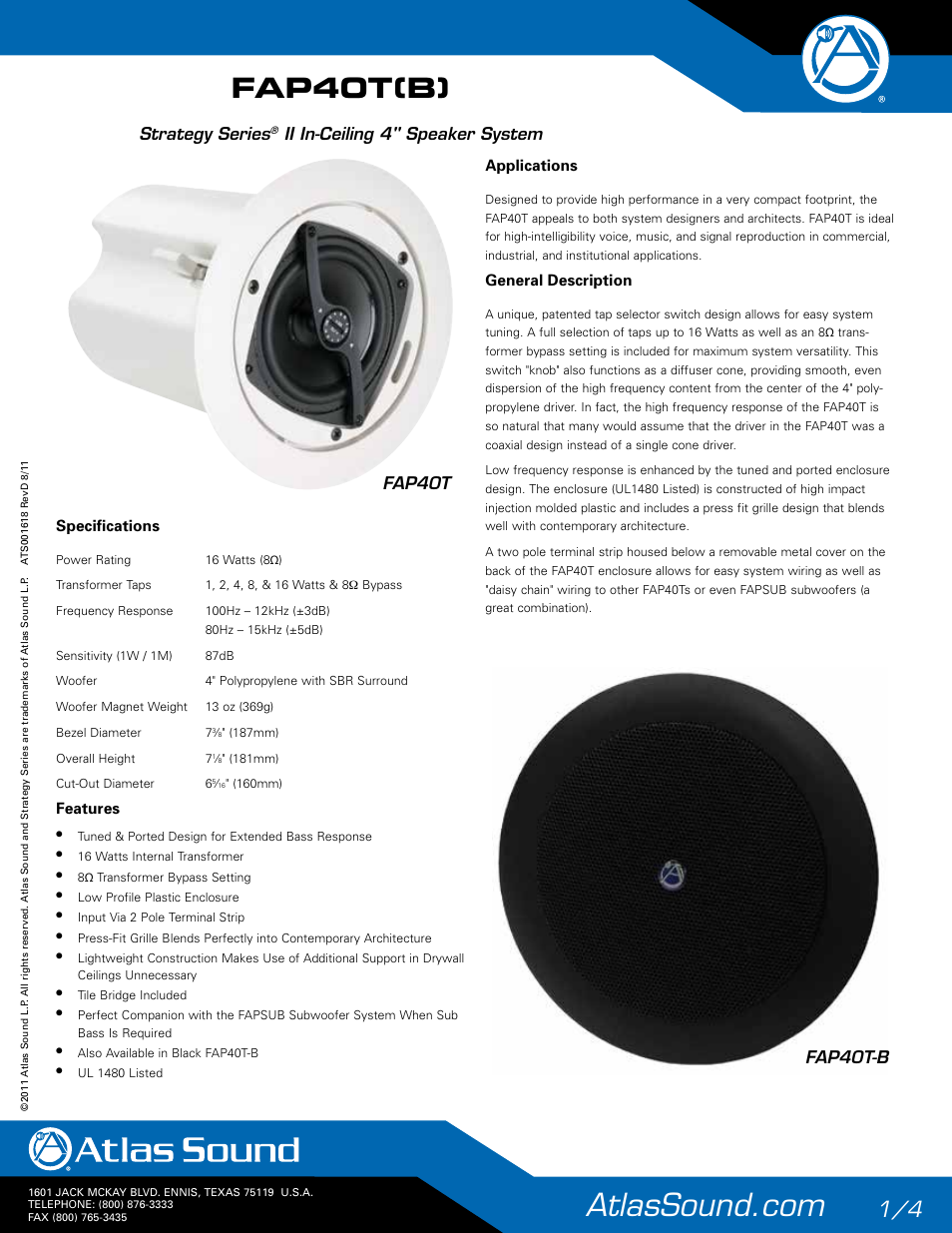 Atlas Sound FAP40T Strategy II Series 4" 16W Ceiling Speakers (Pair, White) User Manual | 4 pages
