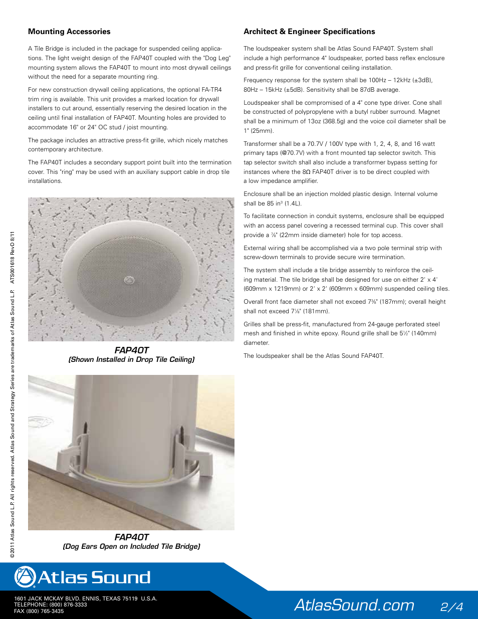 Fap40t | Atlas Sound FAP40T Strategy II Series 4" 16W Ceiling Speakers (Pair, White) User Manual | Page 2 / 4