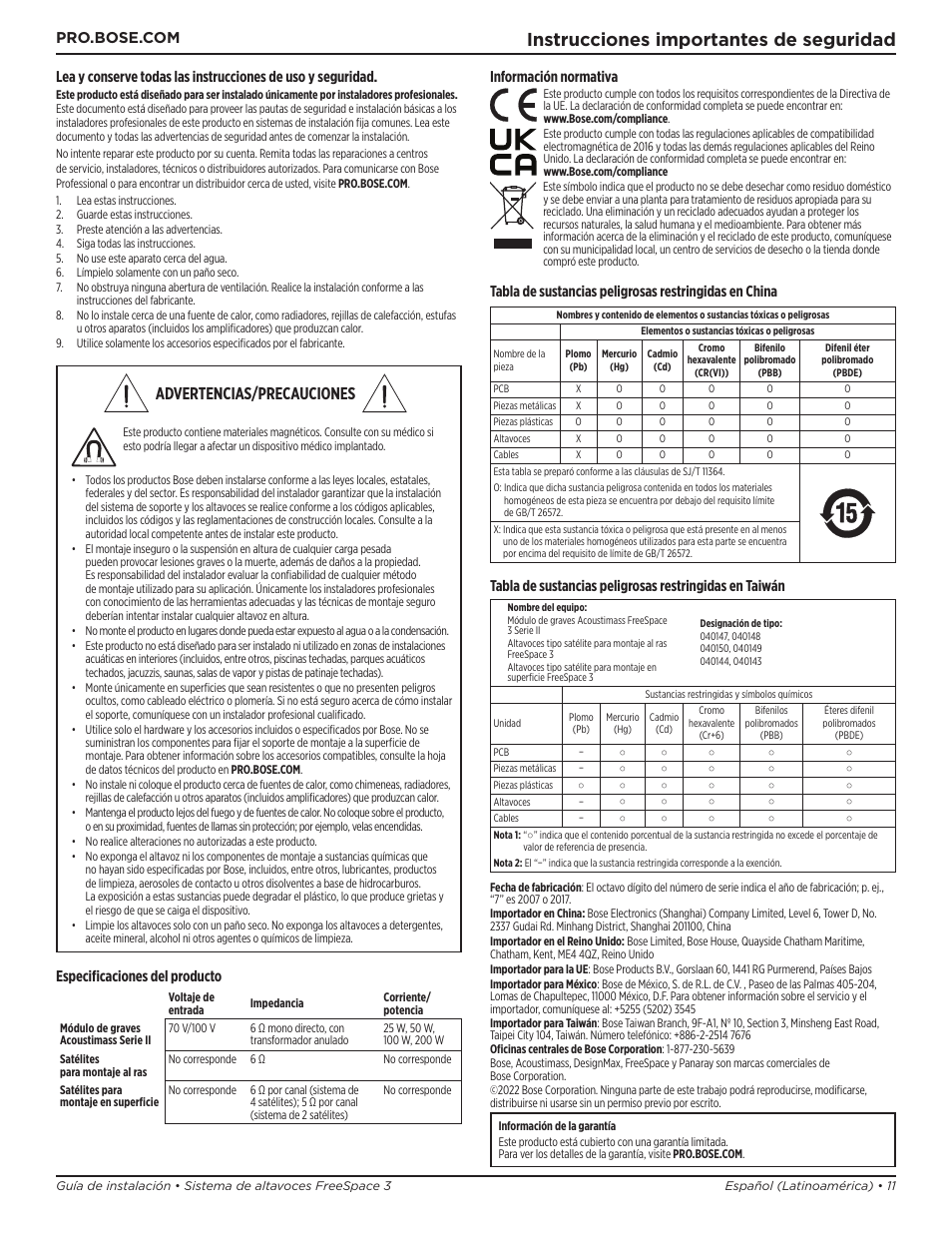 Guía de instalación, Instrucciones importantes de seguridad, Advertencias/precauciones | Especificaciones del producto, Información normativa | Bose Professional FreeSpace 3 Series II Acoustimass Subwoofer Module (Black) User Manual | Page 11 / 112