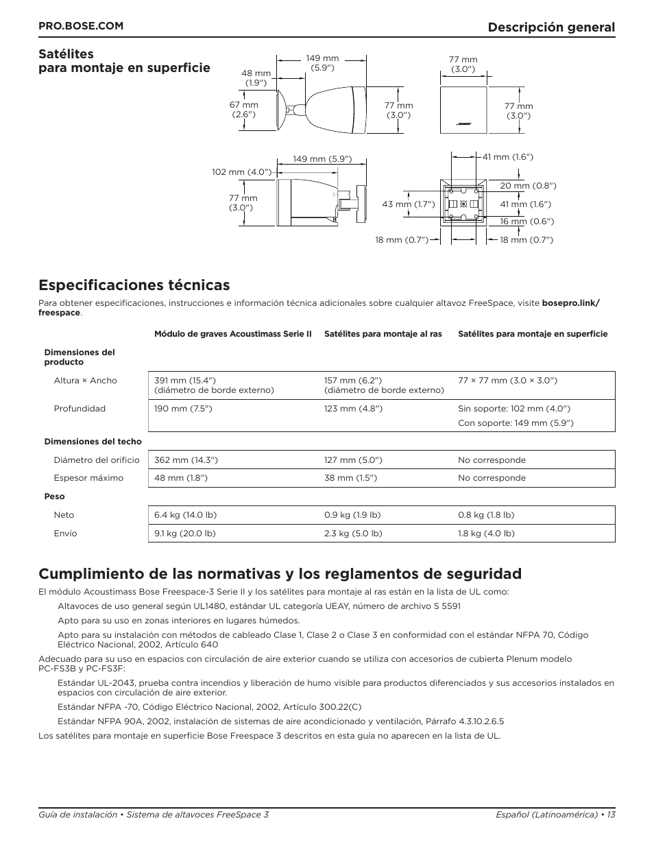 Especificaciones técnicas | Bose Professional FreeSpace 3 Series II Acoustimass Subwoofer Module (Black) User Manual | Page 13 / 112