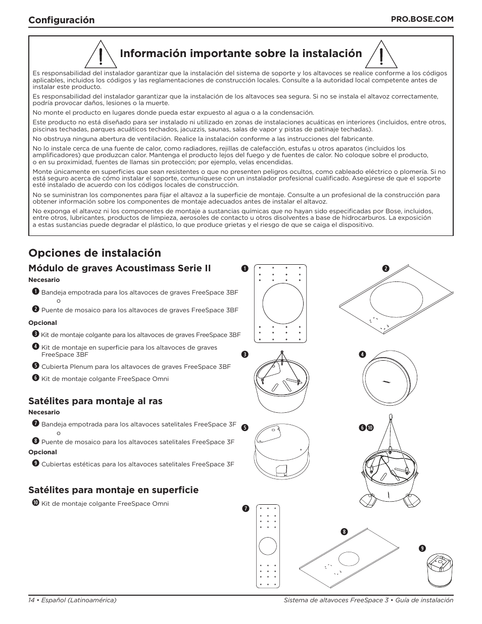 Información importante sobre la instalación, Opciones de instalación | Bose Professional FreeSpace 3 Series II Acoustimass Subwoofer Module (Black) User Manual | Page 14 / 112