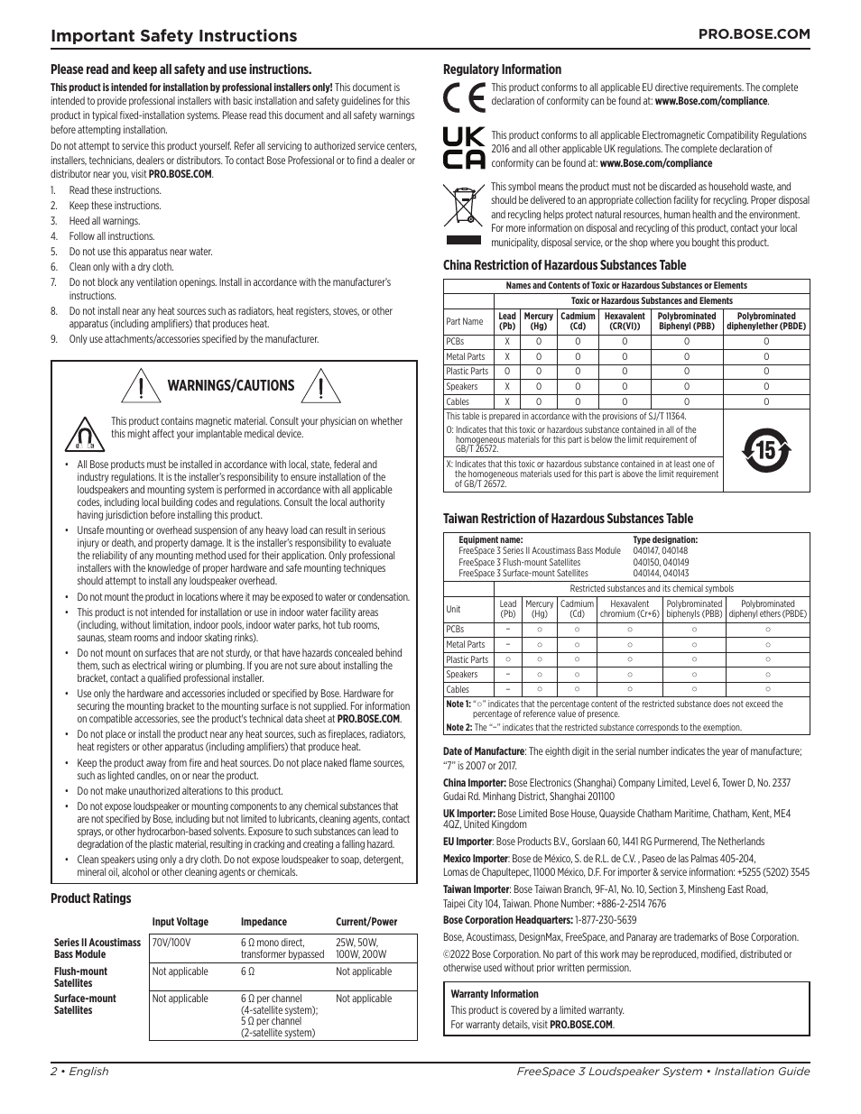 Installation guide, Important safety instructions, Warnings/cautions | Product ratings, Regulatory information, China restriction of hazardous substances table, Taiwan restriction of hazardous substances table | Bose Professional FreeSpace 3 Series II Acoustimass Subwoofer Module (Black) User Manual | Page 2 / 112