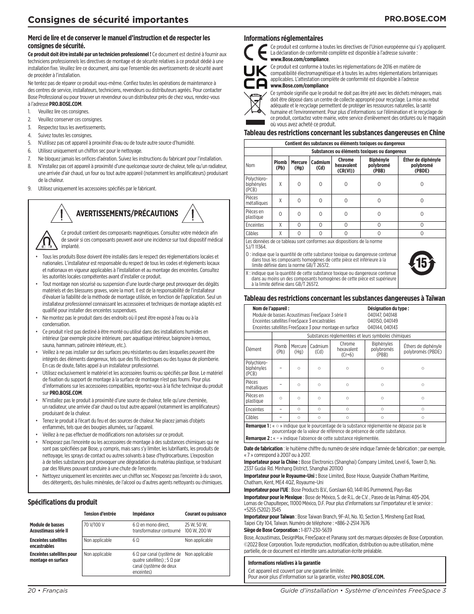 Notice d’installation, Consignes de sécurité importantes, Avertissements/précautions | Spécifications du produit, Informations réglementaires | Bose Professional FreeSpace 3 Series II Acoustimass Subwoofer Module (Black) User Manual | Page 20 / 112