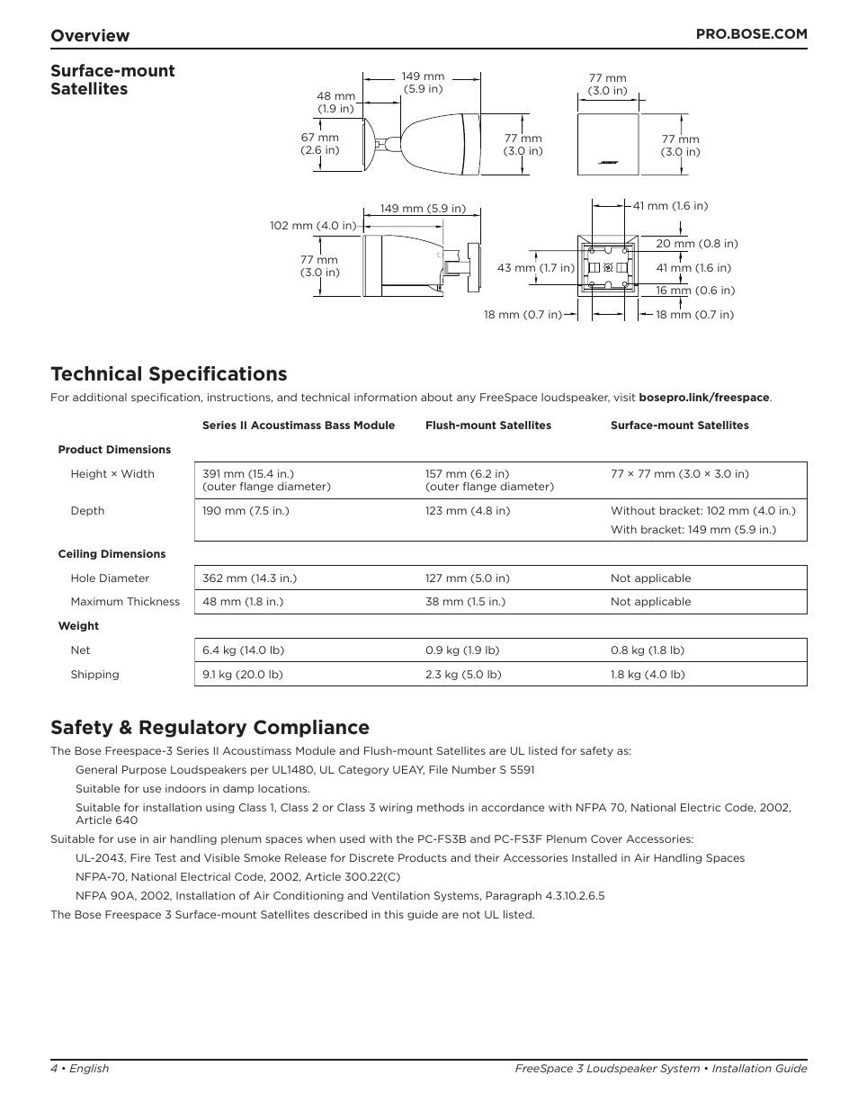 Technical specifications, Safety & regulatory compliance, Overview surface-mount satellites | Bose Professional FreeSpace 3 Series II Acoustimass Subwoofer Module (Black) User Manual | Page 4 / 112