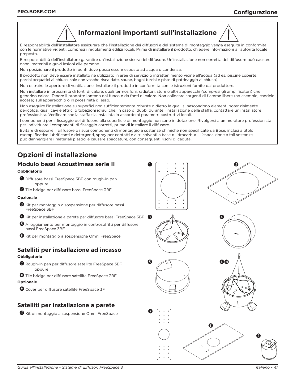 Informazioni importanti sull’installazione, Opzioni di installazione | Bose Professional FreeSpace 3 Series II Acoustimass Subwoofer Module (Black) User Manual | Page 41 / 112