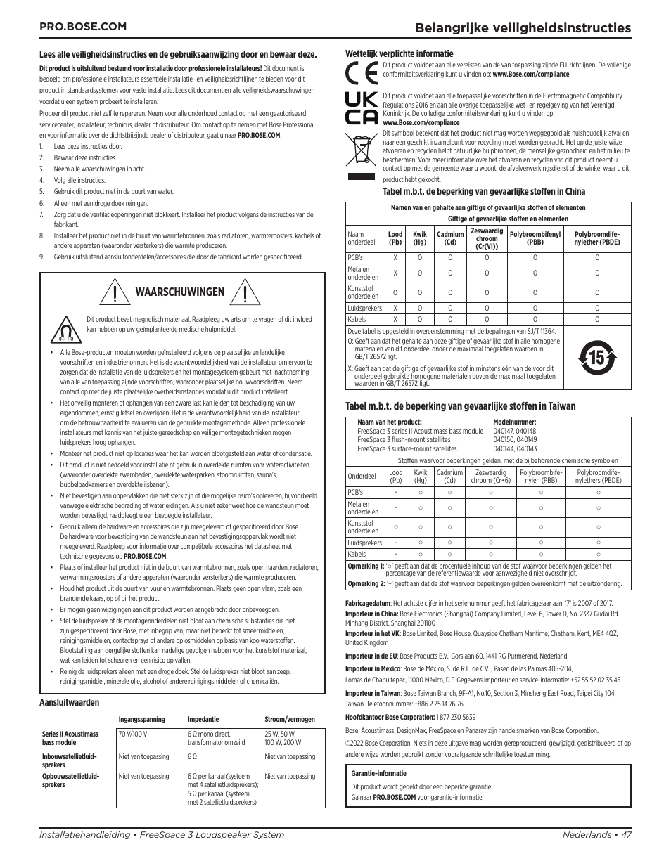 Installatiehandleiding, Belangrijke veiligheidsinstructies, Waarschuwingen | Aansluitwaarden, Wettelijk verplichte informatie | Bose Professional FreeSpace 3 Series II Acoustimass Subwoofer Module (Black) User Manual | Page 47 / 112