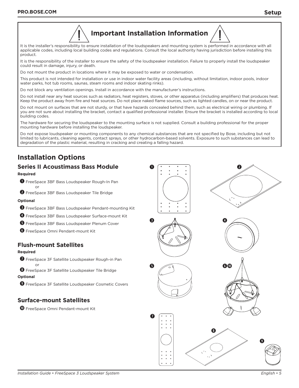 Important installation information, Installation options | Bose Professional FreeSpace 3 Series II Acoustimass Subwoofer Module (Black) User Manual | Page 5 / 112