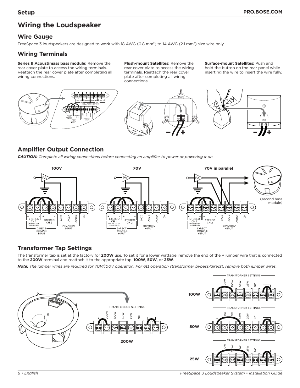 Wiring the loudspeaker, Setup, Wire gauge | Wiring terminals amplifier output connection, Transformer tap settings | Bose Professional FreeSpace 3 Series II Acoustimass Subwoofer Module (Black) User Manual | Page 6 / 112