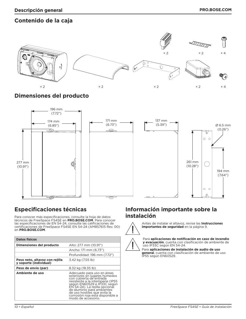 Bose Professional FreeSpace FS4SE Surface-Mount Indoor/Outdoor Passive Loudspeaker (Pair, Black) User Manual | Page 10 / 88