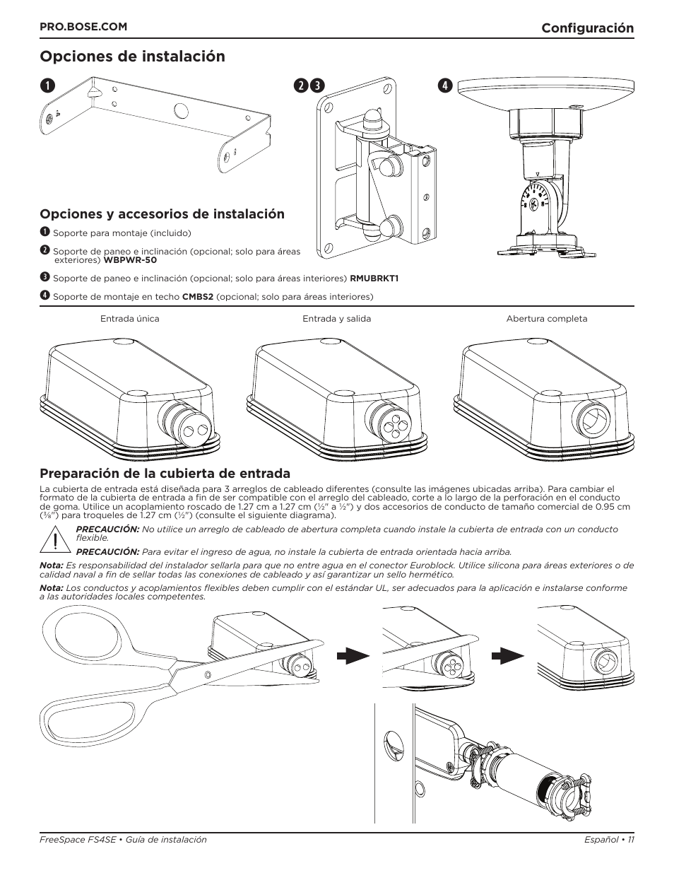 Qe w r, Opciones de instalación, Configuración | Opciones y accesorios de instalación q, Preparación de la cubierta de entrada | Bose Professional FreeSpace FS4SE Surface-Mount Indoor/Outdoor Passive Loudspeaker (Pair, Black) User Manual | Page 11 / 88