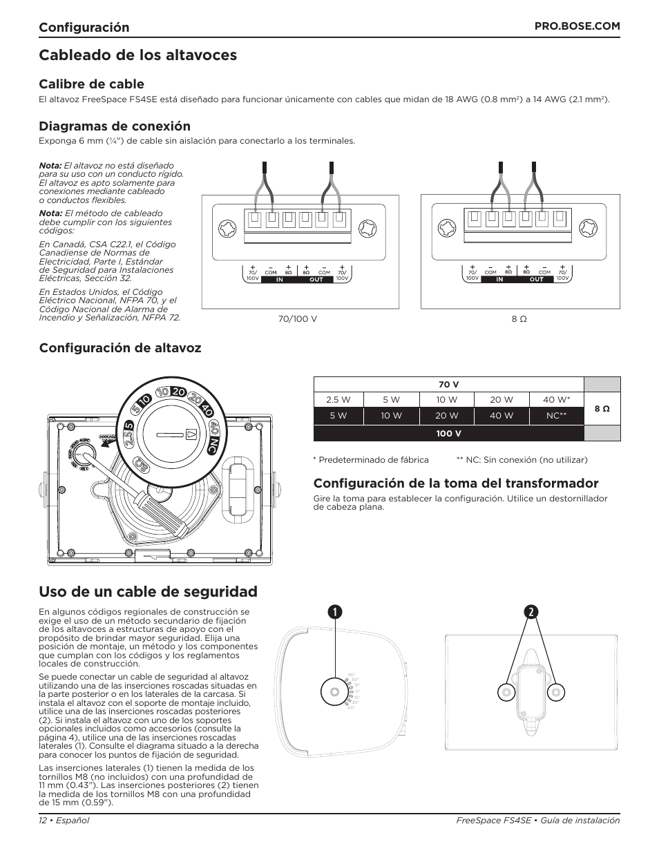 Cableado de los altavoces, Uso de un cable de seguridad, Configuración | Calibre de cable, Diagramas de conexión, Configuración de altavoz, Configuración de la toma del transformador | Bose Professional FreeSpace FS4SE Surface-Mount Indoor/Outdoor Passive Loudspeaker (Pair, Black) User Manual | Page 12 / 88