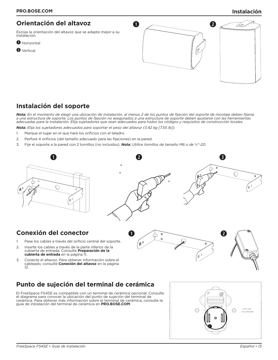 Qw e, Orientación del altavoz, Instalación del soporte | Conexión del conector, Punto de sujeción del terminal de cerámica | Bose Professional FreeSpace FS4SE Surface-Mount Indoor/Outdoor Passive Loudspeaker (Pair, Black) User Manual | Page 13 / 88
