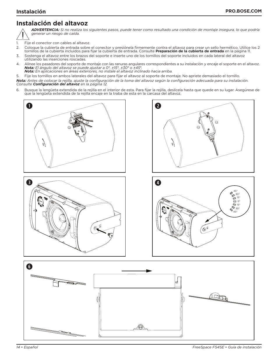 We q, Instalación del altavoz, Instalación | Bose Professional FreeSpace FS4SE Surface-Mount Indoor/Outdoor Passive Loudspeaker (Pair, Black) User Manual | Page 14 / 88