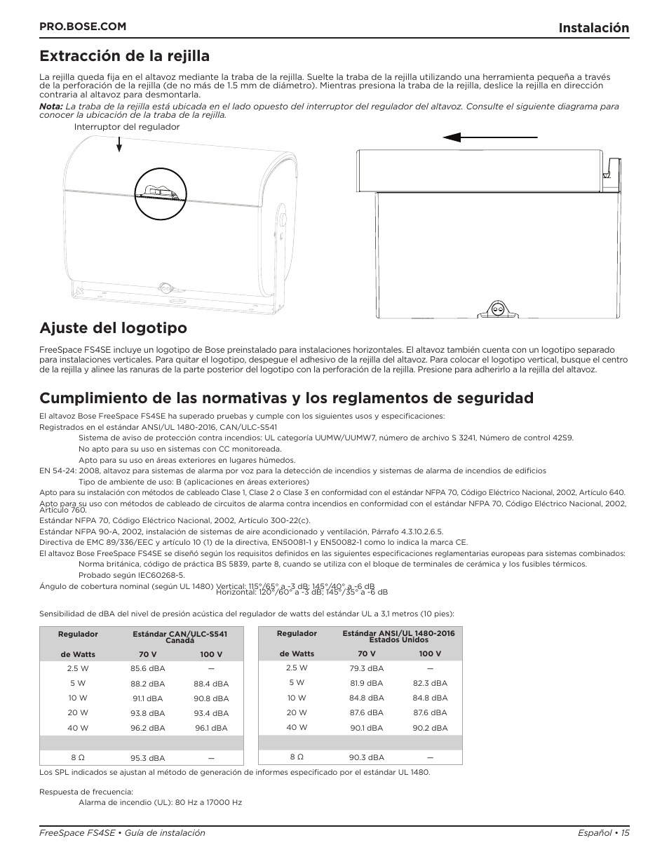 Extracción de la rejilla, Ajuste del logotipo, Instalación | Bose Professional FreeSpace FS4SE Surface-Mount Indoor/Outdoor Passive Loudspeaker (Pair, Black) User Manual | Page 15 / 88