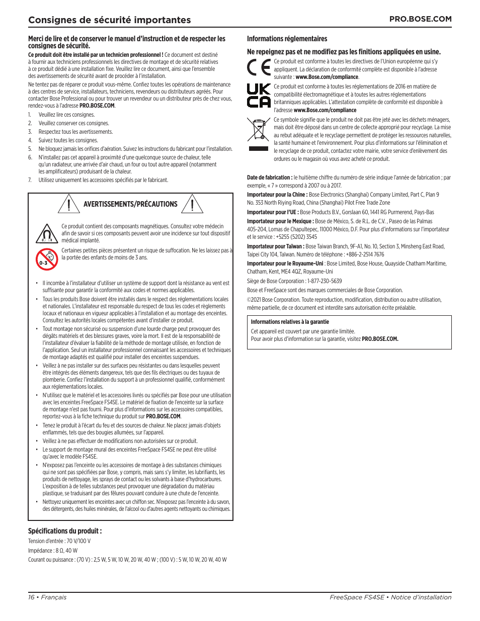 Notice d’installation, Consignes de sécurité importantes | Bose Professional FreeSpace FS4SE Surface-Mount Indoor/Outdoor Passive Loudspeaker (Pair, Black) User Manual | Page 16 / 88