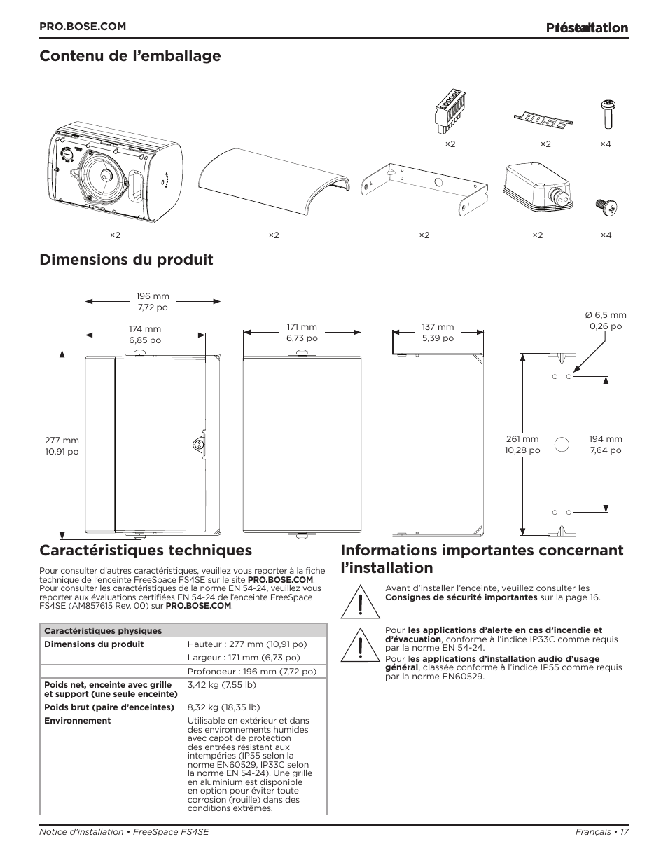 Contenu de l’emballage dimensions du produit, Caractéristiques techniques, Informations importantes concernant l’installation | Installation présentation | Bose Professional FreeSpace FS4SE Surface-Mount Indoor/Outdoor Passive Loudspeaker (Pair, Black) User Manual | Page 17 / 88