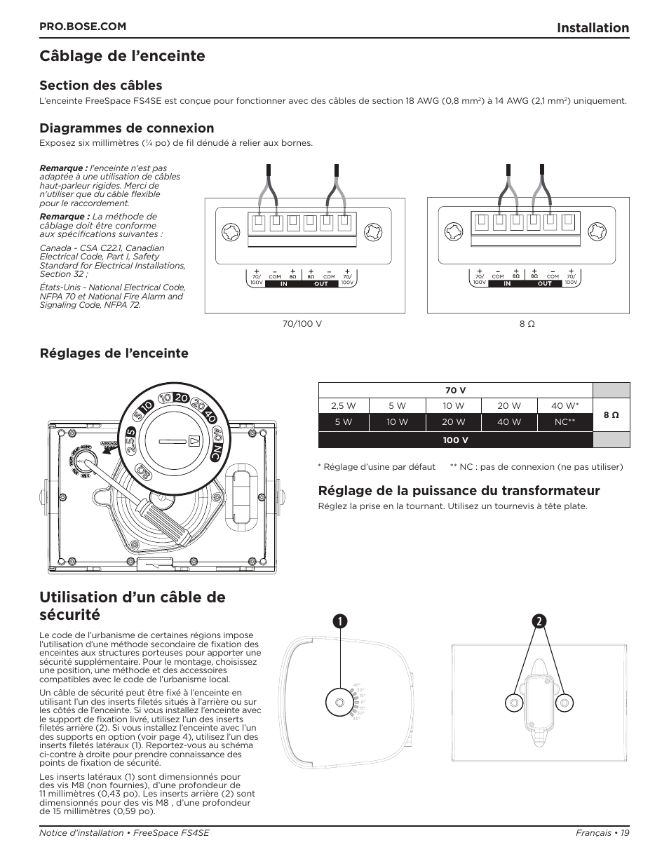 Câblage de l’enceinte, Utilisation d’un câble de sécurité, Installation | Diagrammes de connexion, Réglages de l’enceinte, Réglage de la puissance du transformateur | Bose Professional FreeSpace FS4SE Surface-Mount Indoor/Outdoor Passive Loudspeaker (Pair, Black) User Manual | Page 19 / 88