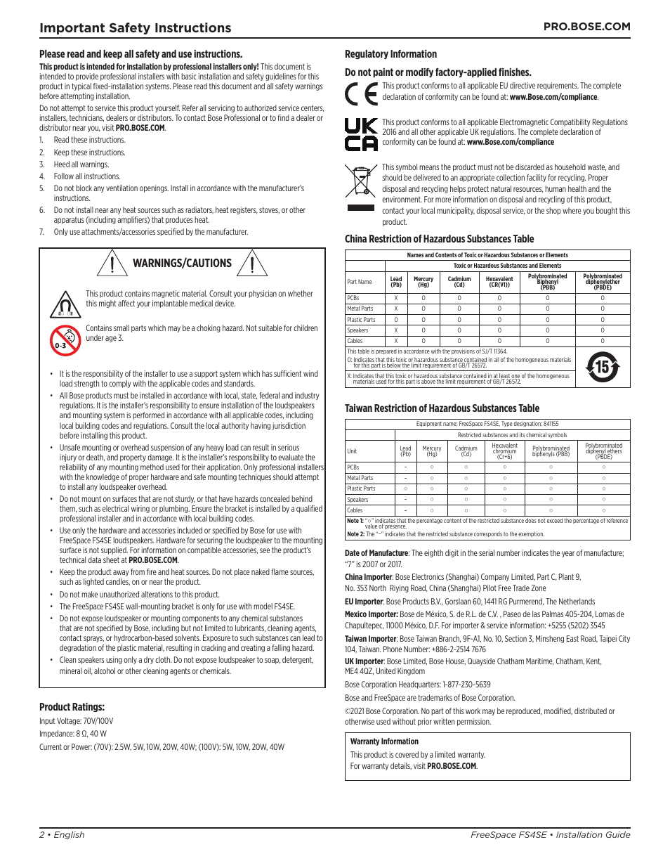 Installation guide, Important safety instructions, Warnings/cautions | China restriction of hazardous substances table, Taiwan restriction of hazardous substances table, Product ratings | Bose Professional FreeSpace FS4SE Surface-Mount Indoor/Outdoor Passive Loudspeaker (Pair, Black) User Manual | Page 2 / 88