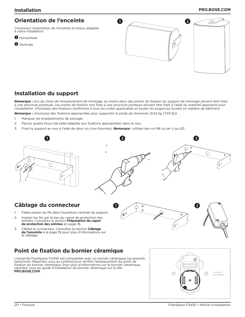 Qw e, Orientation de l’enceinte, Installation du support | Câblage du connecteur, Point de fixation du bornier céramique | Bose Professional FreeSpace FS4SE Surface-Mount Indoor/Outdoor Passive Loudspeaker (Pair, Black) User Manual | Page 20 / 88